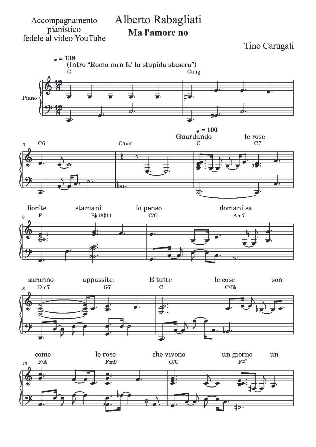 Spartito Pianoforte  "MA L'AMORE NO"  Alberto Rabagliati - Accompagnamento pianistico fedele al video YouTube con testo sul pentagramma