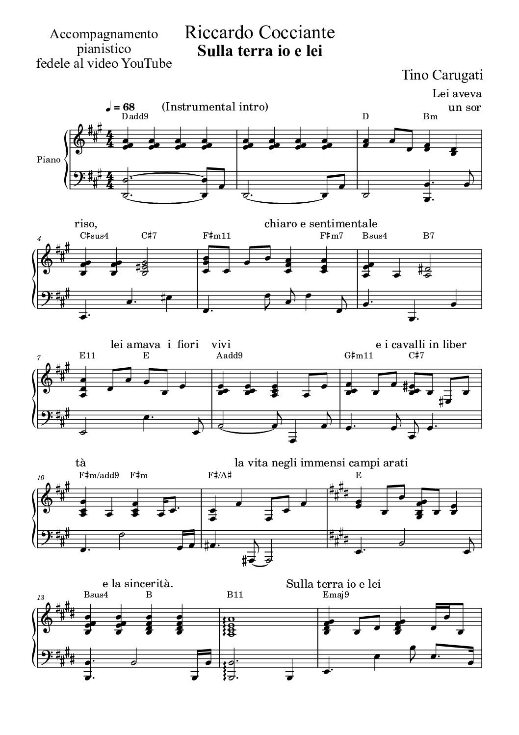 Spartito Pianoforte " SULLA TERRA IO E LEI" Riccardo Cocciante - Accompagnamento pianistico fedele al video YT con il testo sul pentagramma