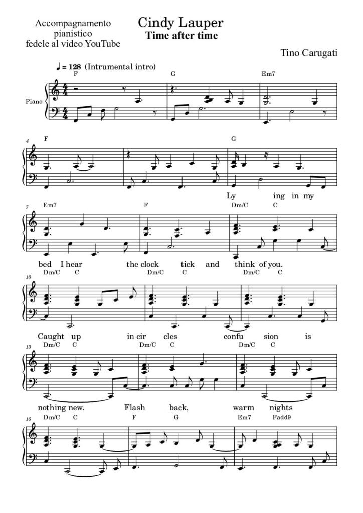 Spartito Pianoforte "TIME AFTER TIME" Cindy Lauper - Accompagnamento pianistico fedele al video YouTube con testo sul pentagramma