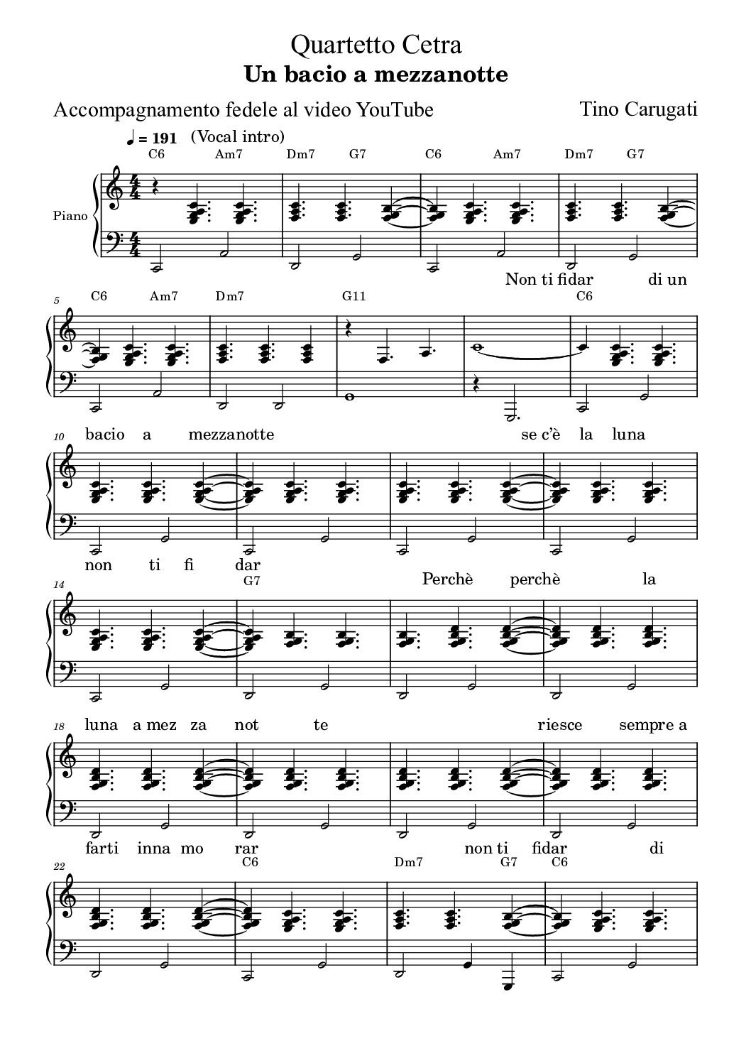 Spartito Pianoforte  "UN BACIO A MEZZANOTTE"  Quartetto Cetra - Accompagnamento pianistico fedele al video YouTube con testo sul pentagramma