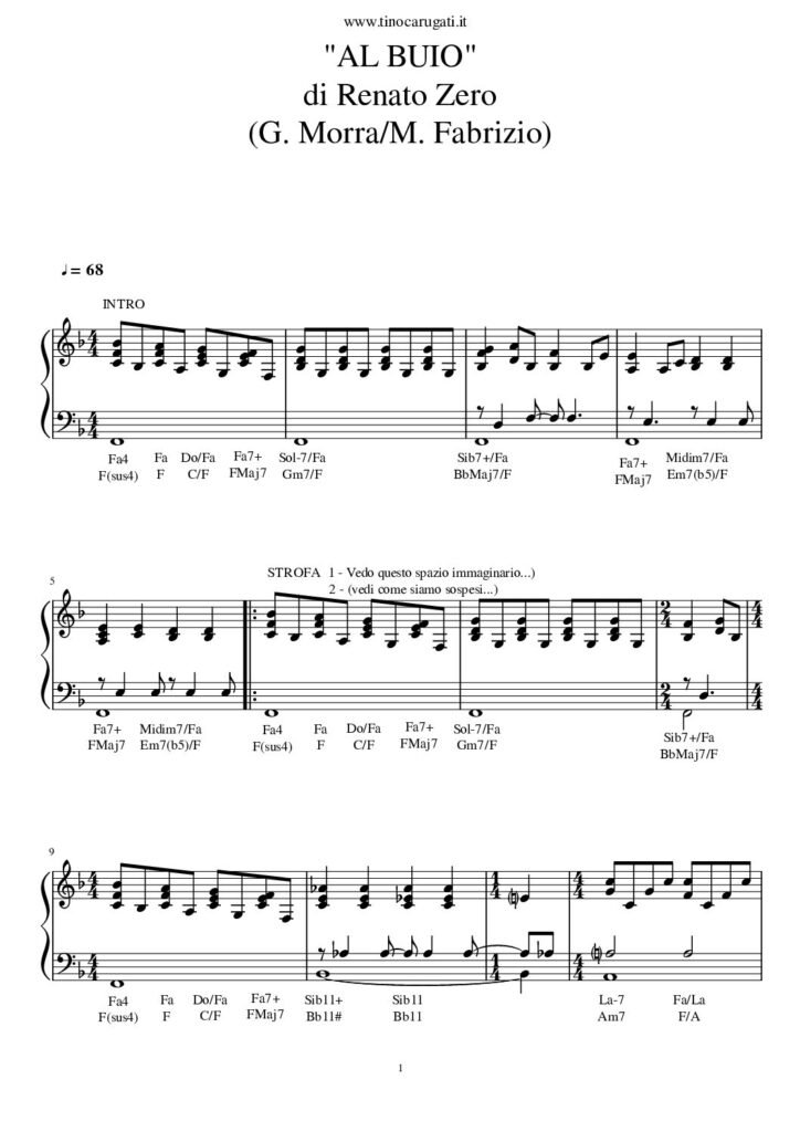 Spartito Pianoforte "AL BUIO" Renato Zero - Accompagnamento pianistico