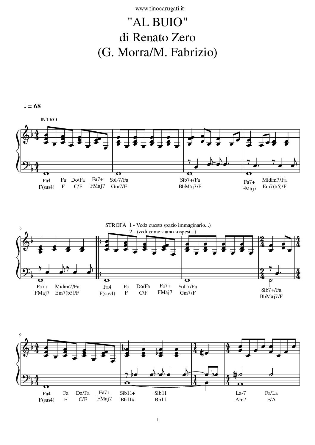 Spartito Pianoforte  "AL BUIO"  Renato Zero - Accompagnamento pianistico