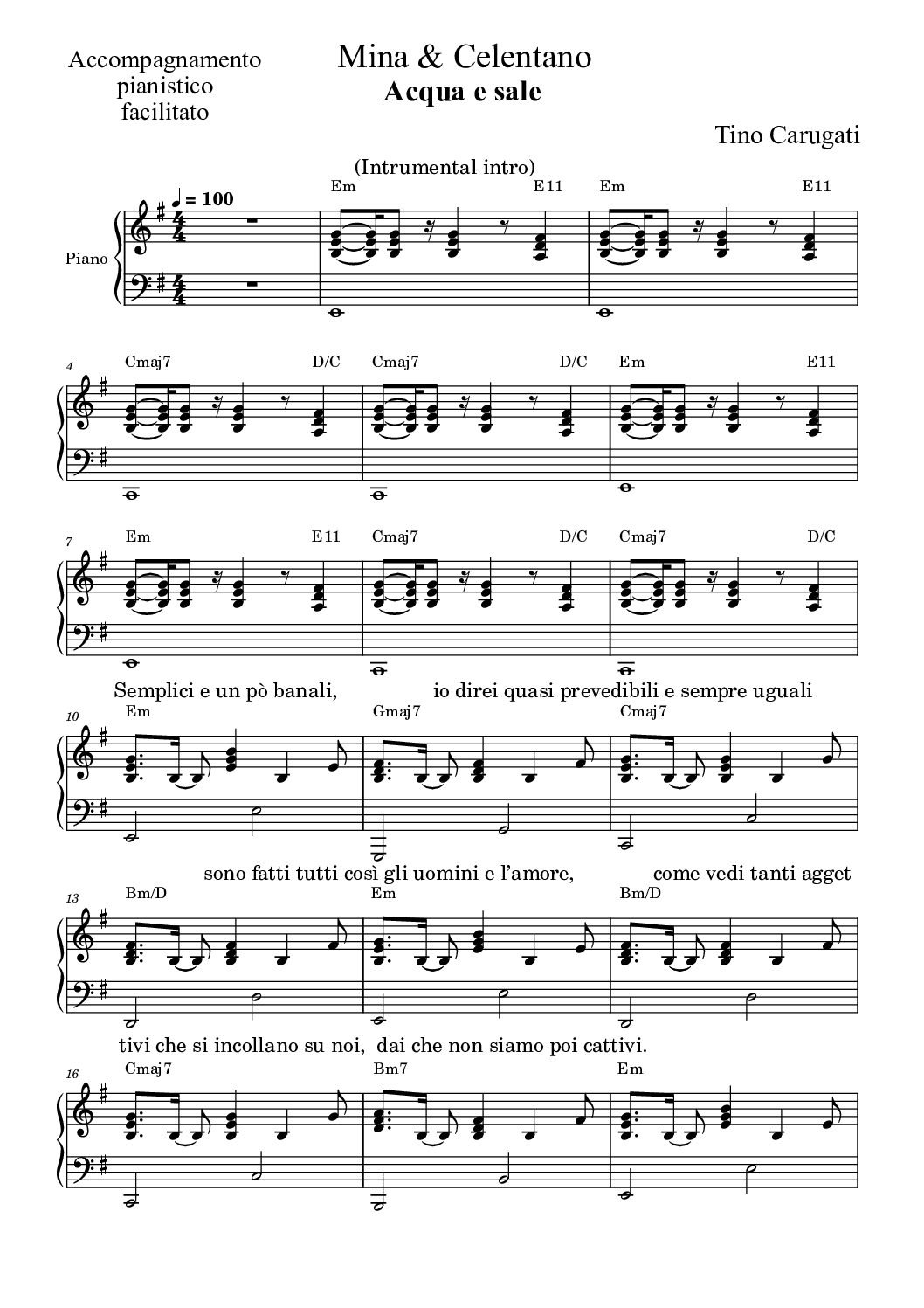 Spartito Pianoforte  "ACQUA E SALE"  Mina & Celentano - Accompagnamento pianistico facilitato con testo sul pentagramma