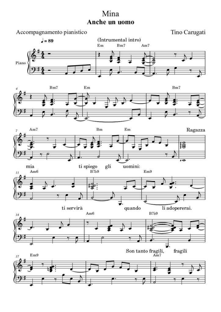 Spartito Pianoforte "ANCHE UN UOMO" Mina - Accompagnamento pianistico con testo sul pentagramma