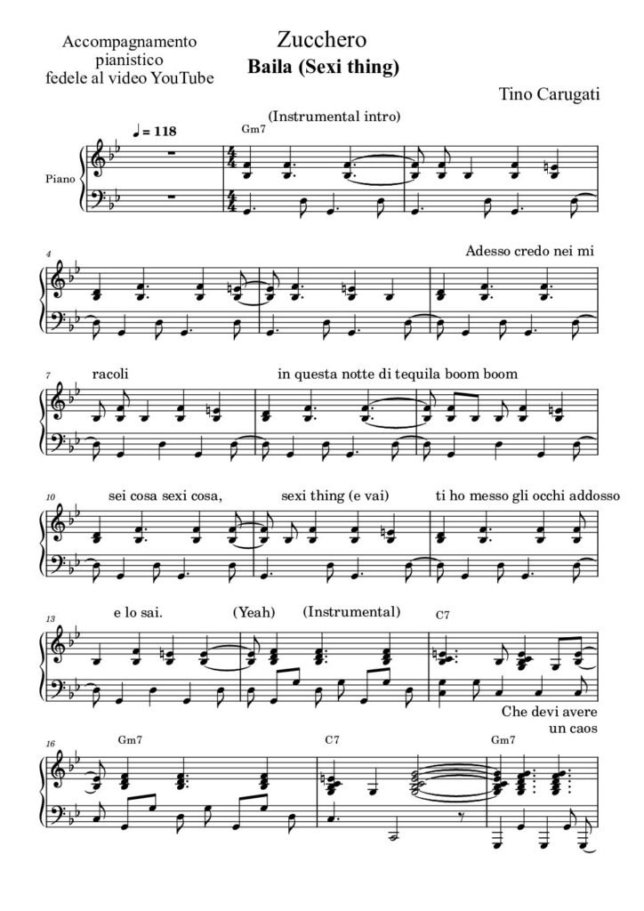 Spartito Pianoforte "BAILA (SEXI THING)" Zucchero - Accompagnamento pianistico fedele al video YouTube con testo sul pentagramma