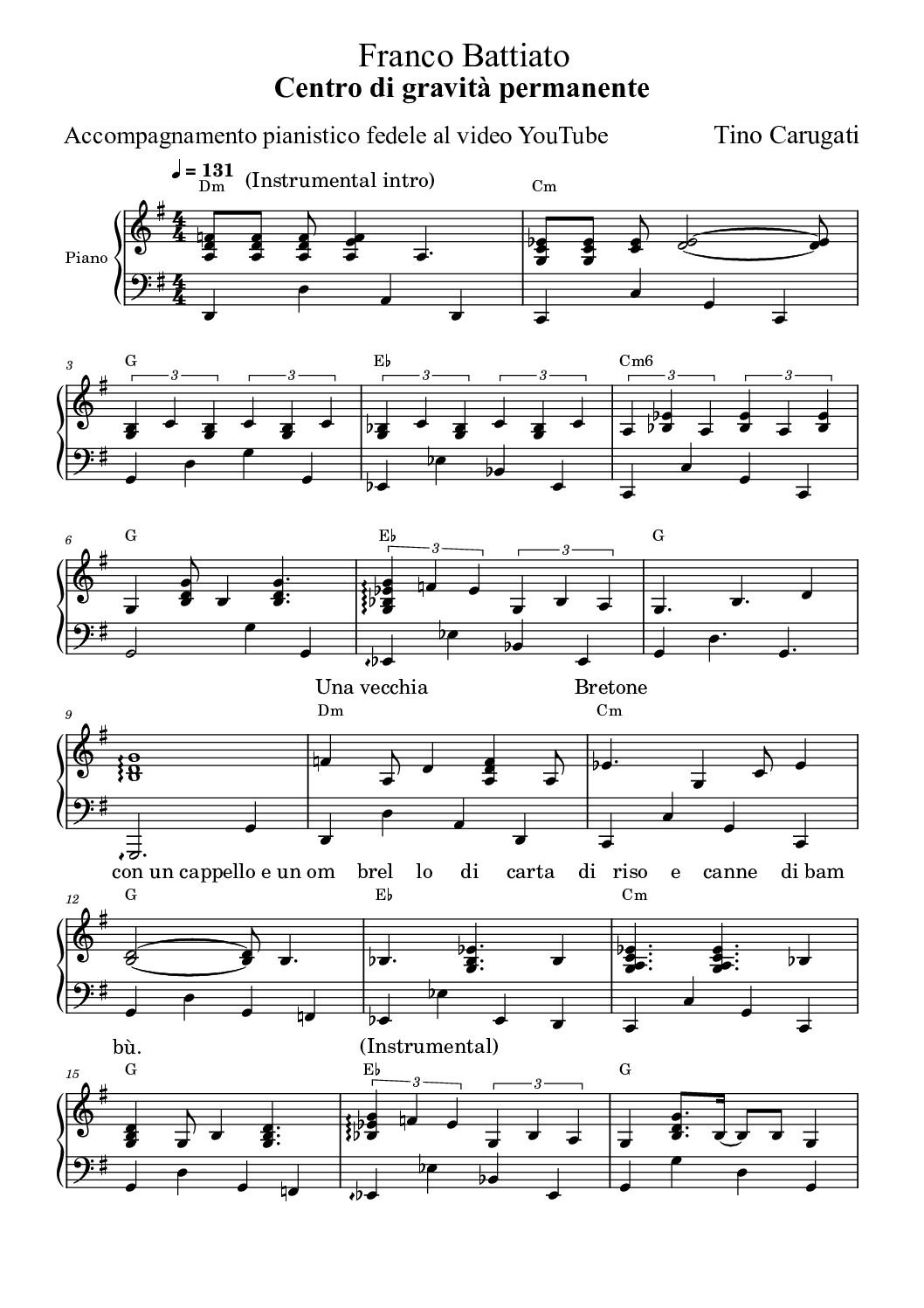 Spartito Pianoforte "CENTRO DI GRAVITA' PERMANENTE" Franco Battiato - Accompagnamento pianistico fedele al video YouTube con testo sul pentagramma