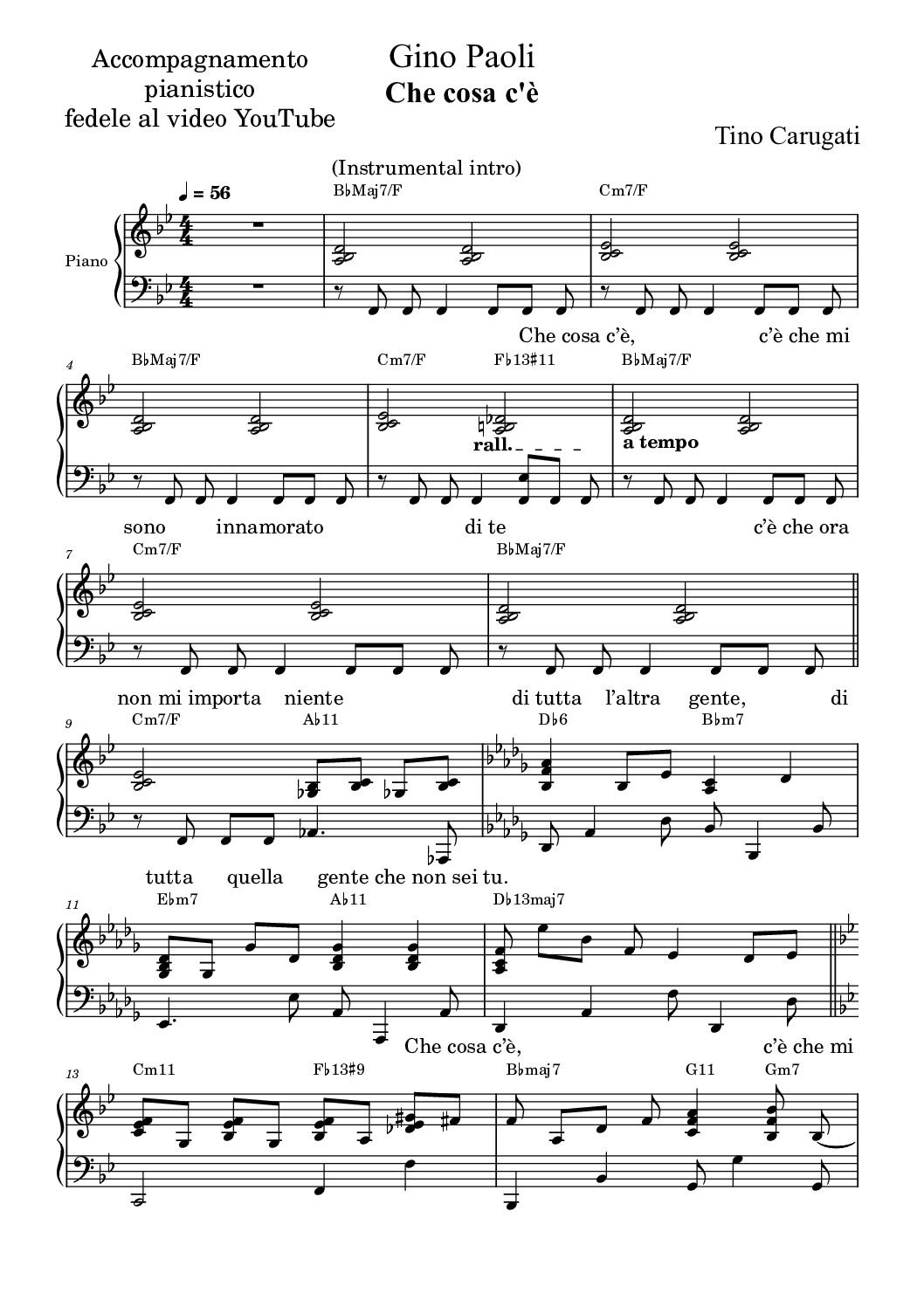 Spartito Pianoforte  "CHE COSA C'E'"  Gino Paoli - Accompagnamento pianistico fedele al video YT con testo sul pentagramma