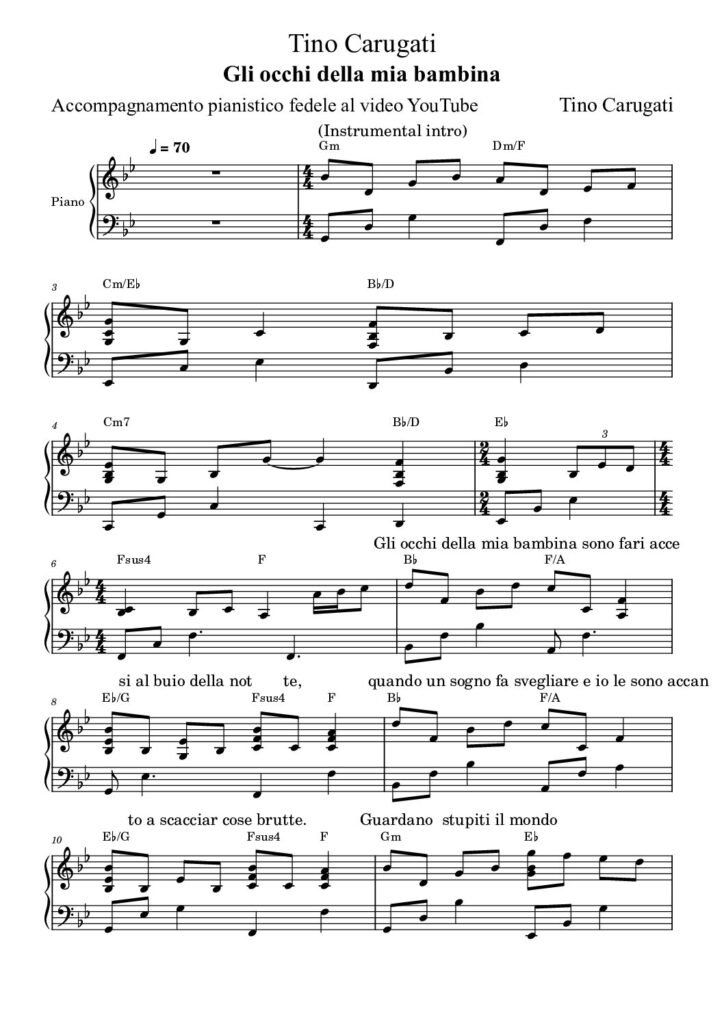 Spartito Pianoforte "GLI OCCHI DELLA MIA BAMBINA" Tino Carugati - Accompagnamento pianistico fedele al video YouTube con testo sul pentagramma
