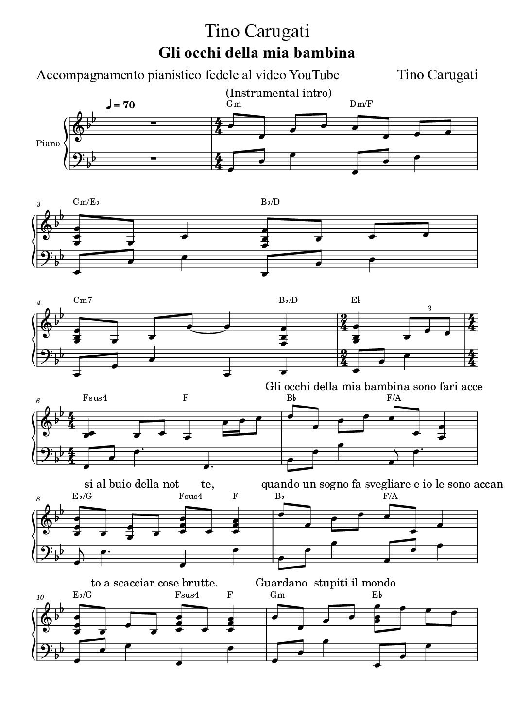 Spartito Pianoforte "GLI OCCHI DELLA MIA BAMBINA" Tino Carugati - Accompagnamento pianistico fedele al video YouTube con testo sul pentagramma