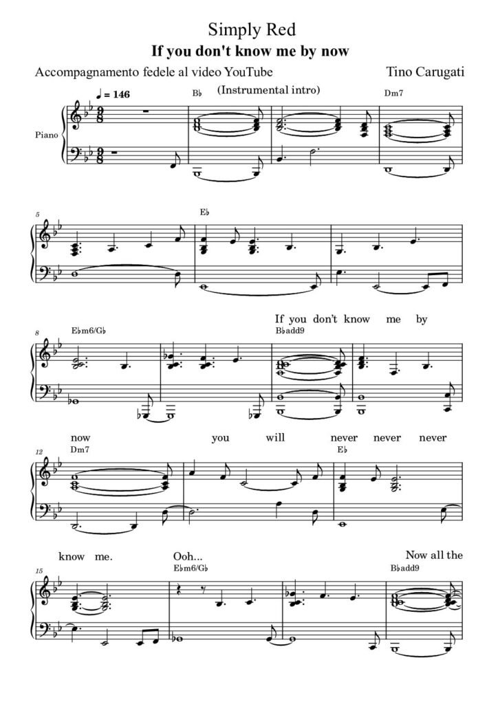 Spartito Pianoforte "IF YOU DON'T KNOW ME BY NOW" Simply Red - Accompagnamento pianistico fedele al video YouTube con testo sul pentagramma