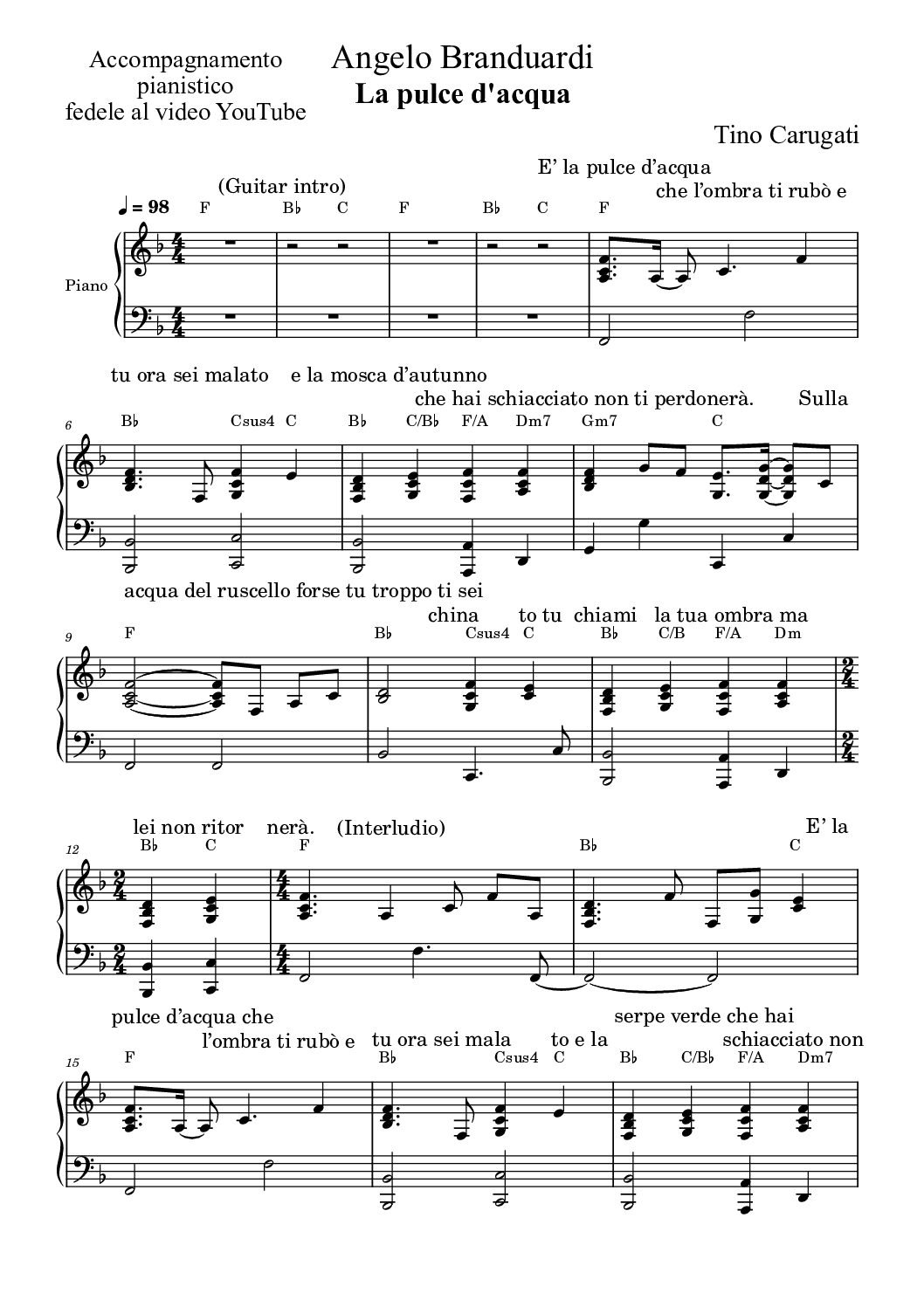 Spartito Pianoforte  "LA PULCE D'ACQUA"  Angelo Branduardi - Accompagnamento pianistico fedele al video YouTube con testo sul pentagramma