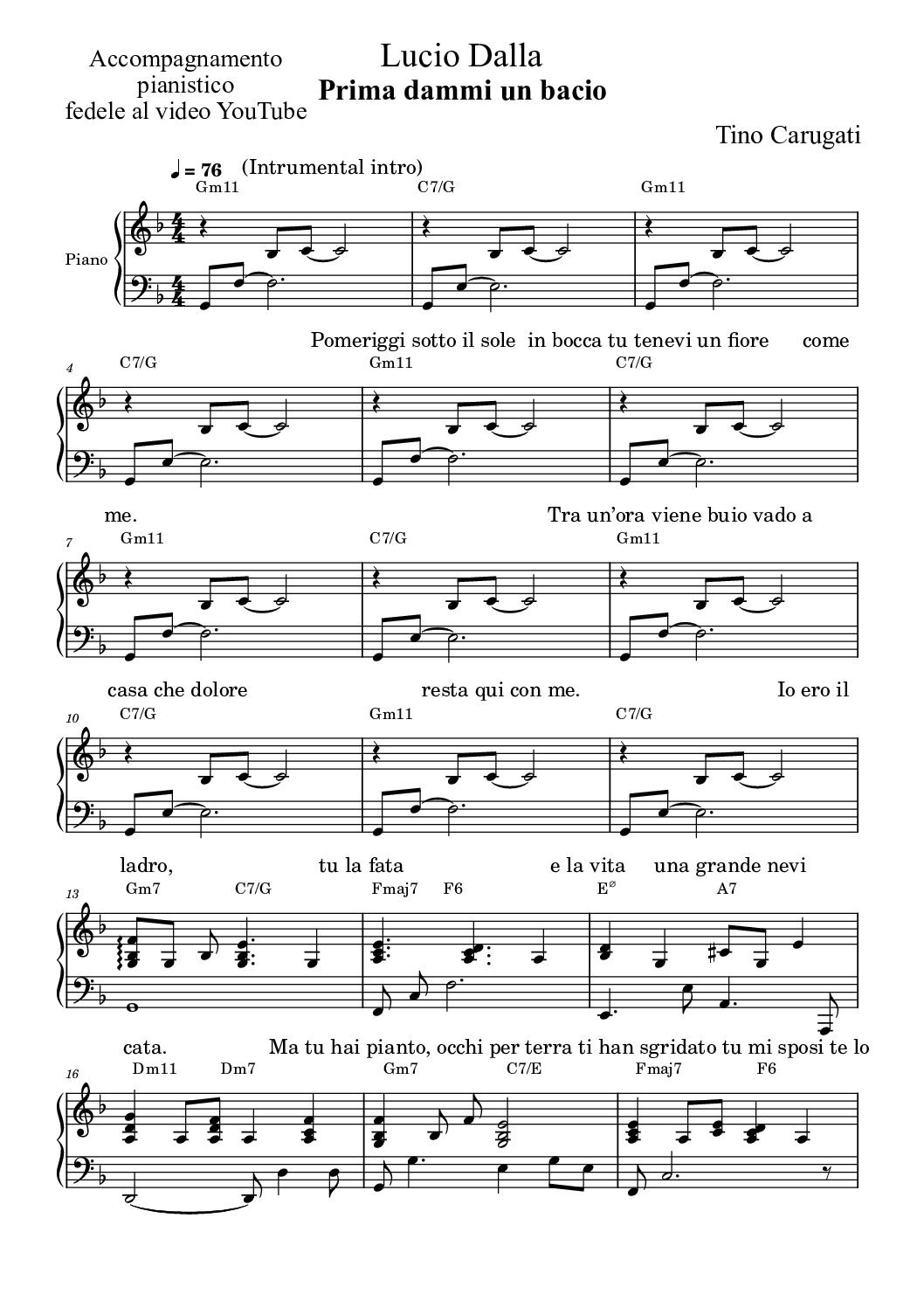 Spartito Pianoforte "PRIMA DAMMI UN BACIO" Lucio Dalla - Accompagnamento pianistico fedele al video YouTube con testo sul pentagramma