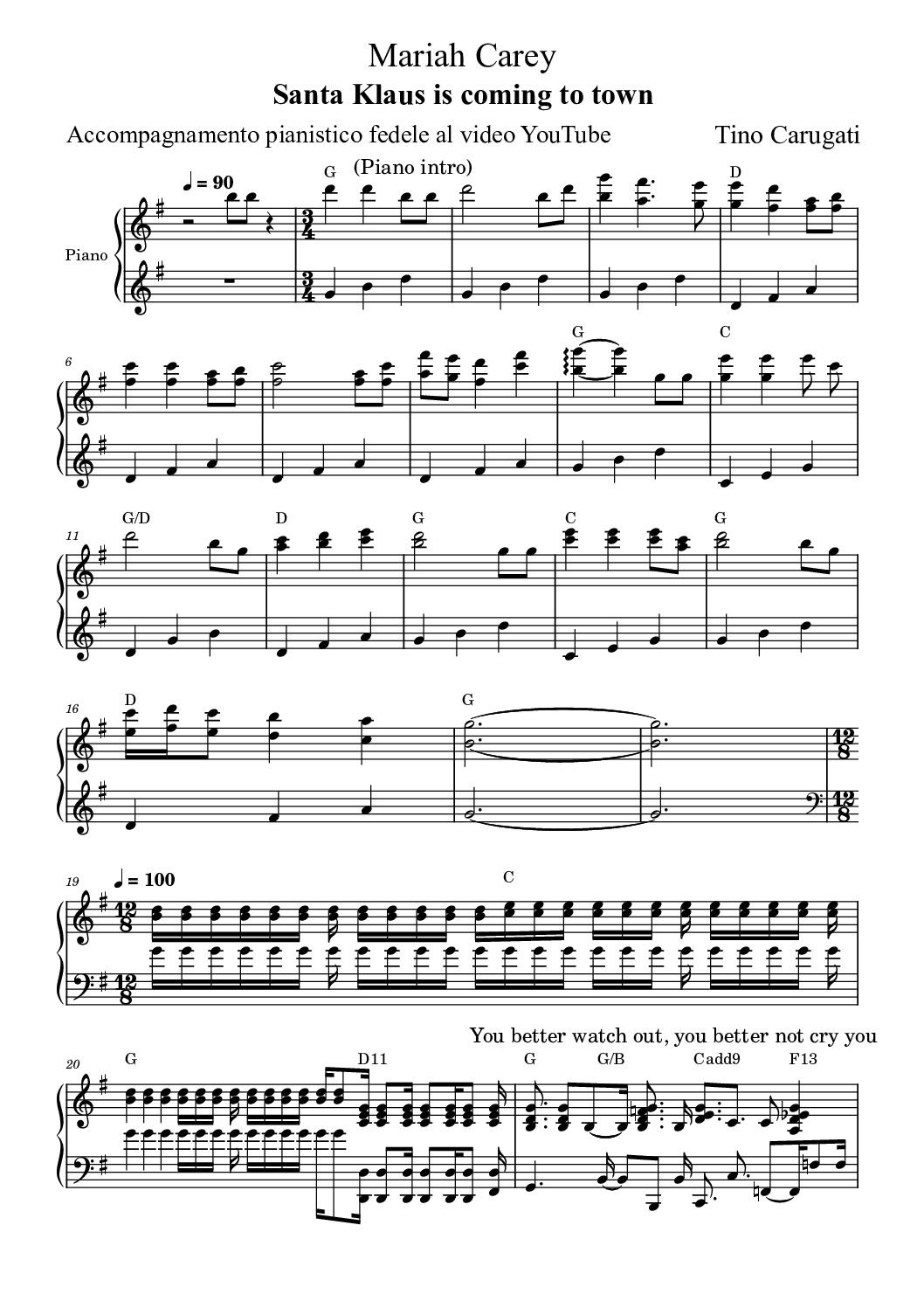 Spartito Pianoforte  "SANTA KLAUS IS COMING TO TOWN"  Mariah Carey - Accompagnamento pianistico fedele al video YouTube con testo sul pentagramma