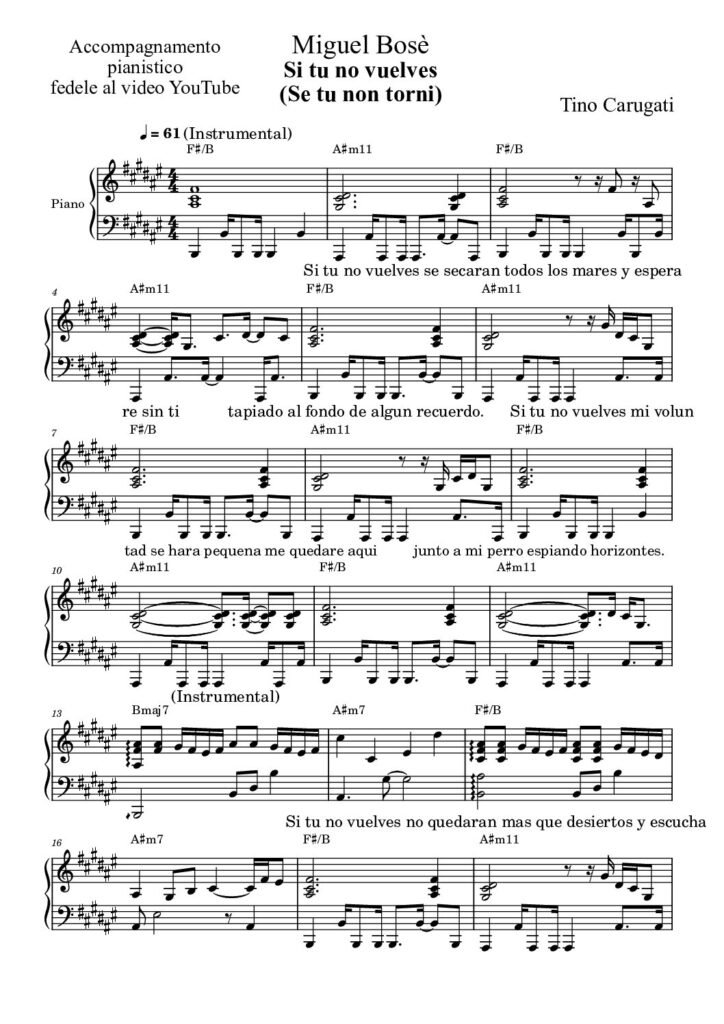 Spartito Pianoforte  "SI TU NO VUELVES (SE TU NON TORNI)"  Miguel Bosè - Accompagnamento pianistico fedele al video YouTube con testo sul pentagramma