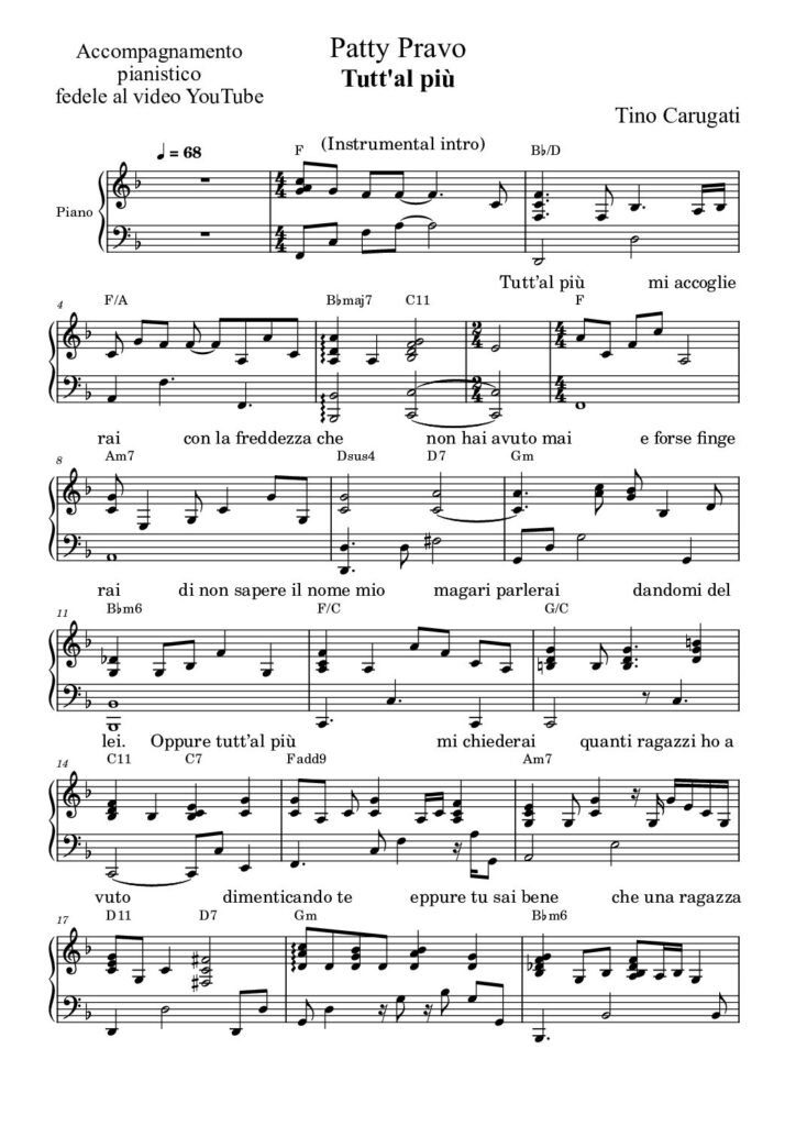 Spartito Pianoforte "TUTT' AL PIU'" Patty Pravo - Accompagnamento pianistico fedele al video YouTube e con testo sul pentagramma