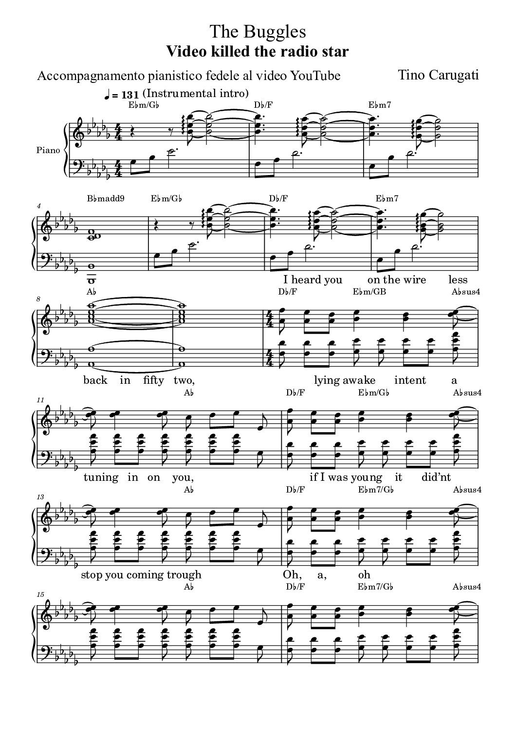Spartito Pianoforte  "VIDEO KILLED THE RADIO STAR"  The Buggles - Accompagnamento pianistico fedele al video YouTube con testo sul pentagramma