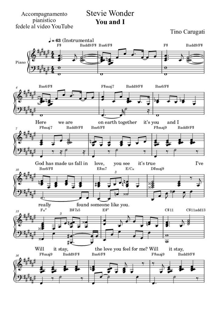 Spartito Pianoforte  "YOU AND I"  Stevie Wonder - Accompagnamento pianistico fedele al video YouTube con testo sul pentagramma