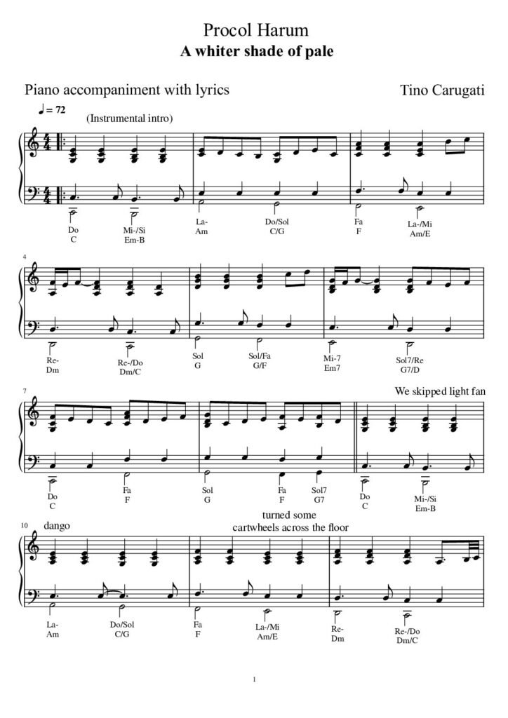 Spartito Pianoforte  "A WHITER SHADE OF PALE"  Procol Harum - Accompagnamento pianistico con testo sul pentagramma