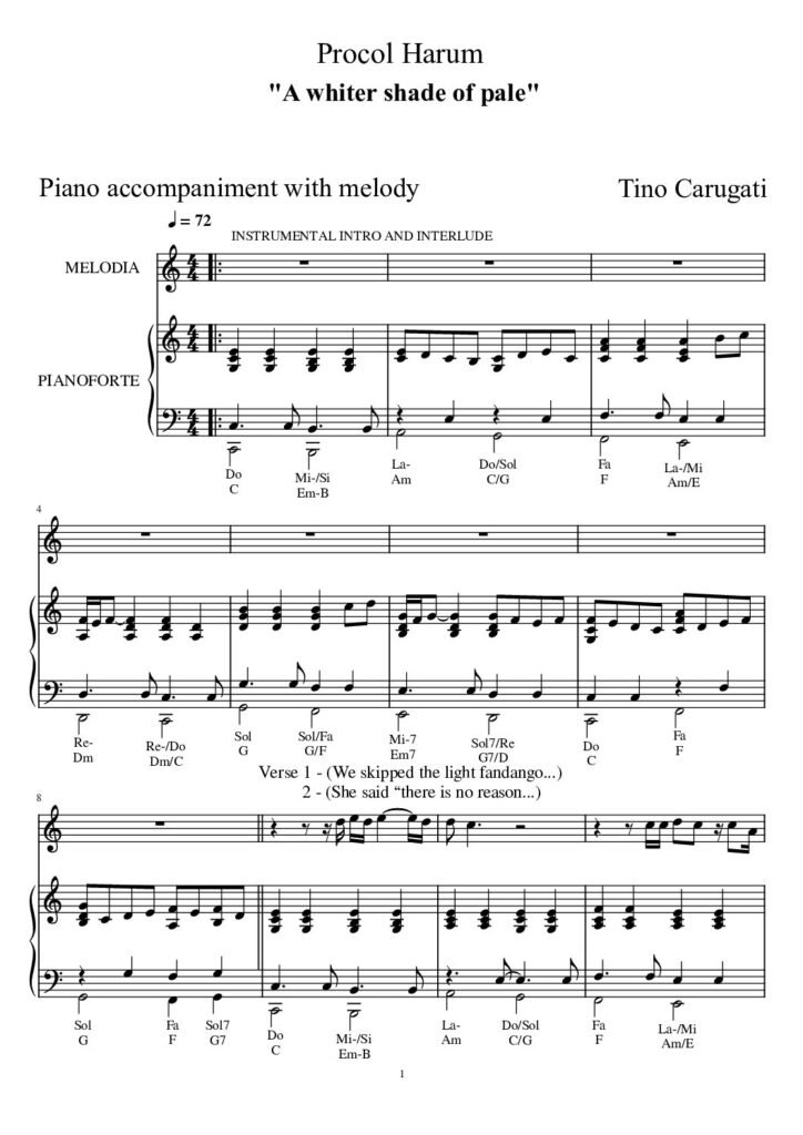 Spartito Pianoforte  "A WHITER SHADE OF PALE"  Procol Harum - Accompagnamento pianistico + melodia su 3 pentagrammi
