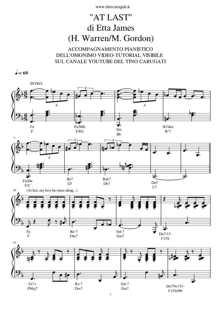 Spartito Pianoforte "At Last" Etta James - Accompagnamento pianistico ispirato al video YouTube