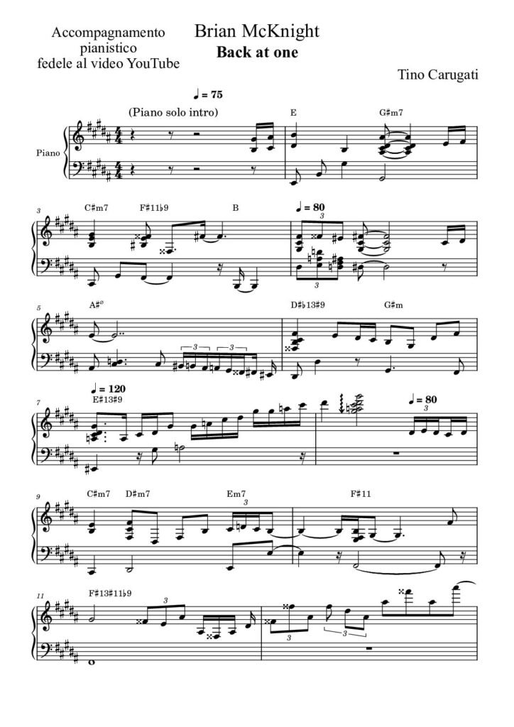 Spartito Pianoforte "BACK AT ONE" Brian McKnight - Accompagnamento pianistico fedele al video YouTube con testo sul pentagramma