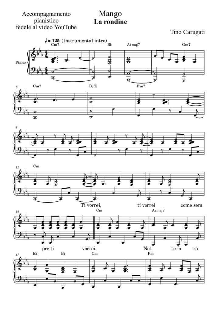 Spartito Pianoforte "LA RONDINE" Mango - Accompagnamento pianistico fedele al video YouTube con testo sul pentagramma