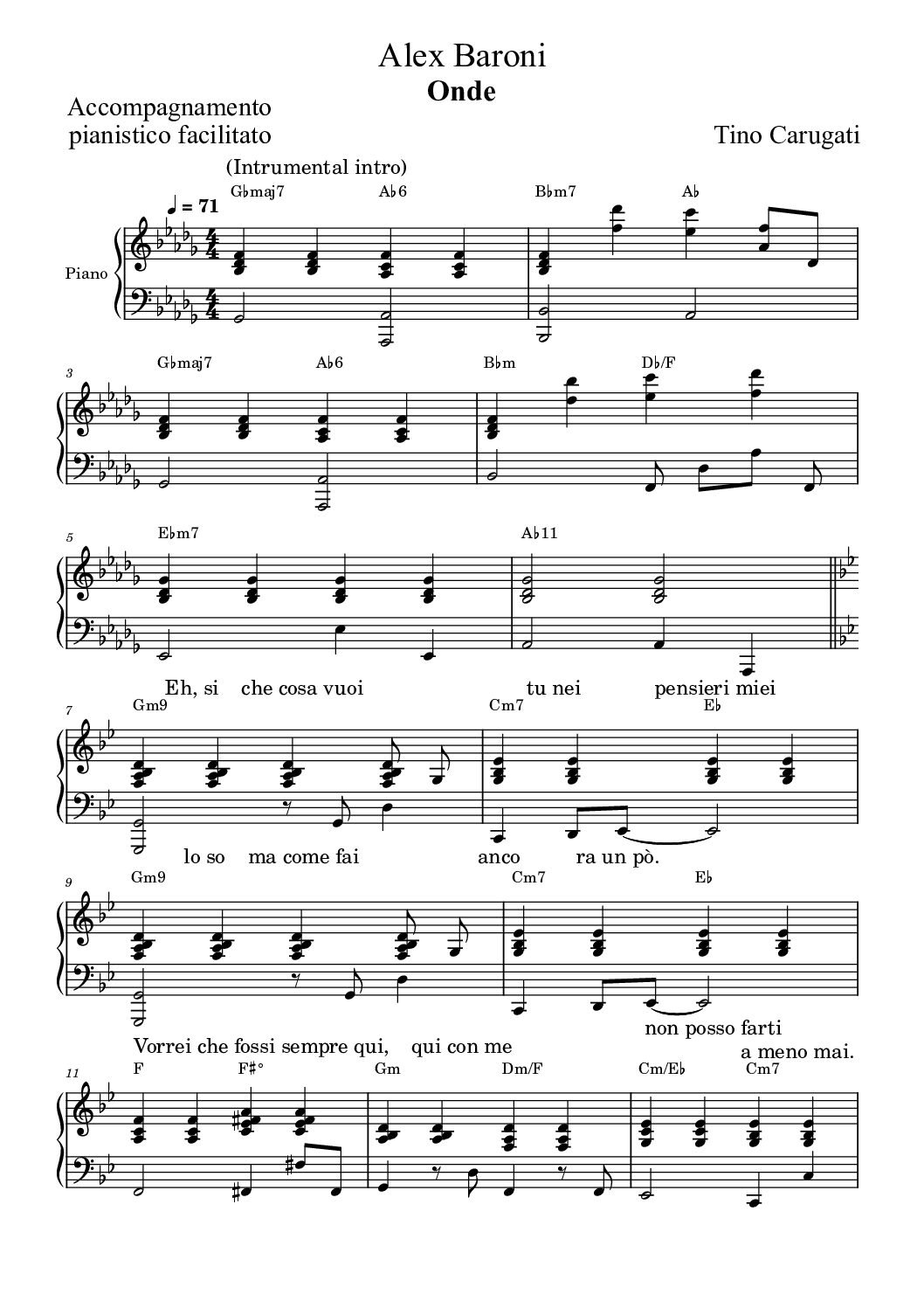 Spartito Pianoforte  "ONDE"  Alex Baroni - Accompagnamento pianistico facilitato con testo sul pentagramma