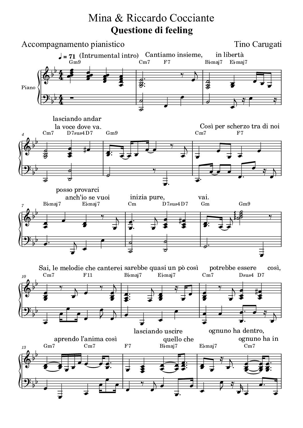 Spartito Pianoforte  "QUESTIONE DI FEELING"  Mina & Cocciante - Accompagnamento pianistico con testo sul pentagramma