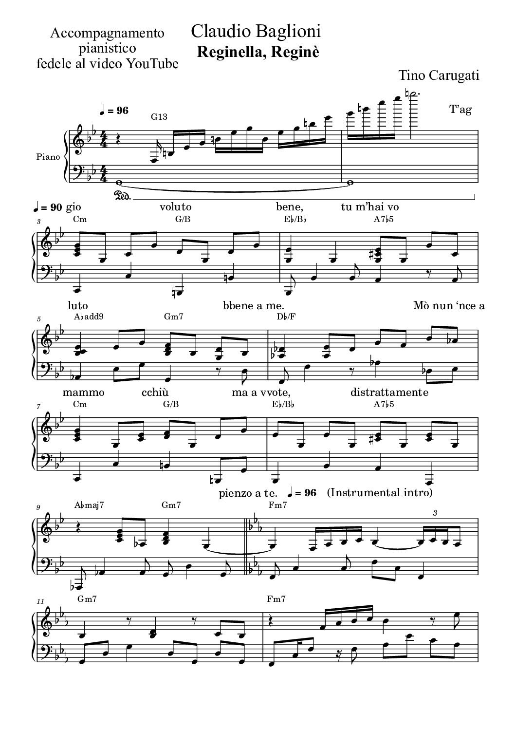 Spartito Pianoforte  "REGINELLA, REGINE'"  Claudio Baglioni - Accompagnamento pianistico fedele al video YouTube con testo sul pentagramma