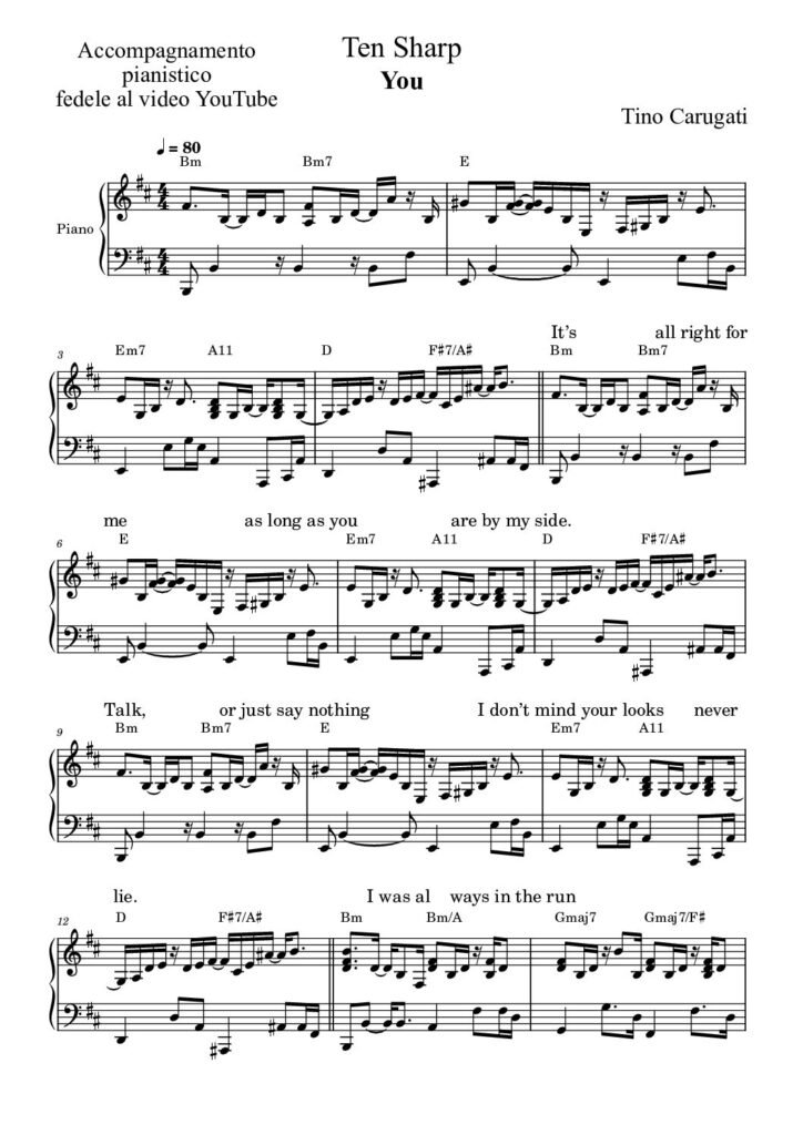 Spartito Pianoforte  "YOU"  Ten Sharp - Accompagnamento pianistico fedele al video YouTube con testo sul pentagramma